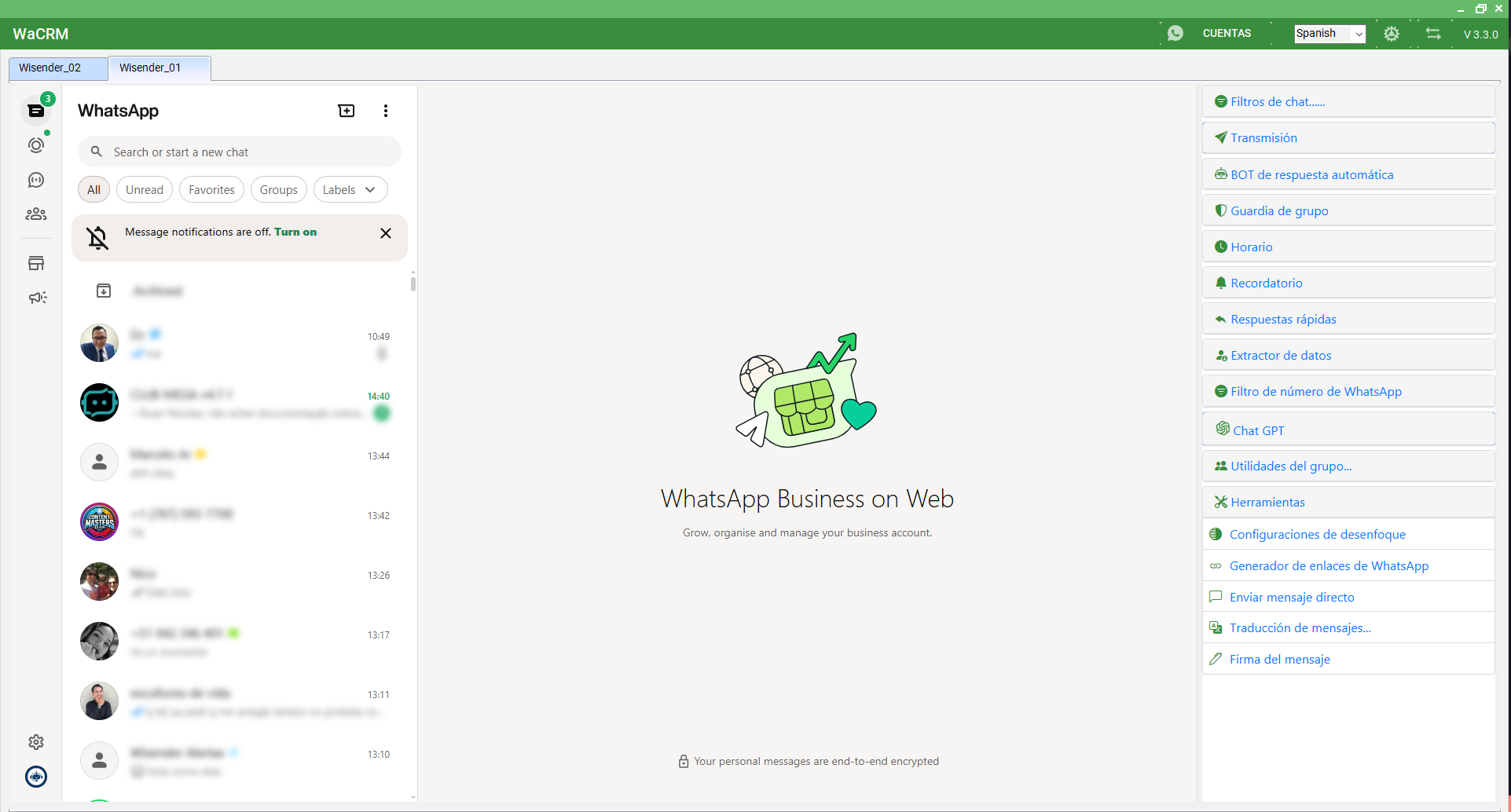 Dashboard de WACRM mostrando estadísticas y chats